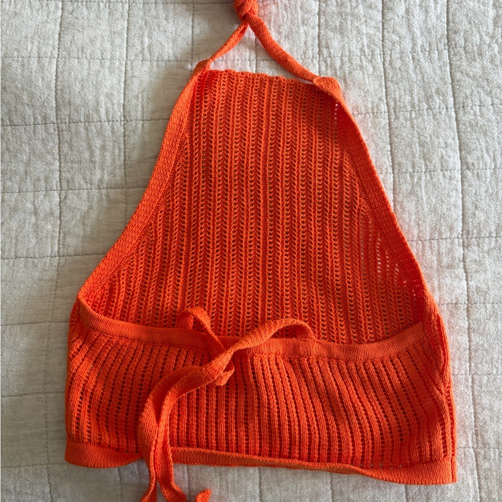 Vibrant Orange Knit Halter Crop Top